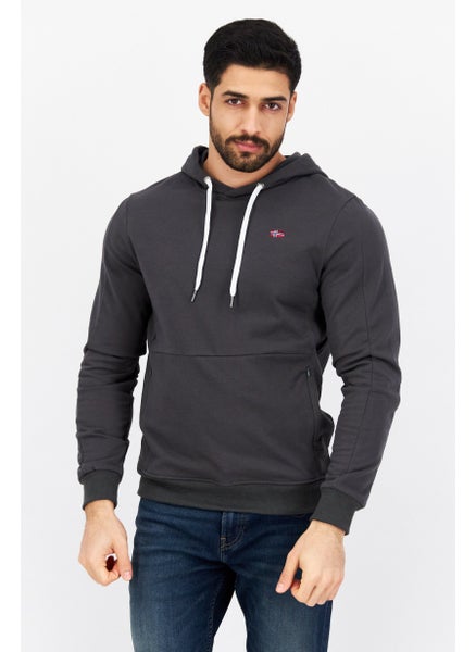 اشتري Men Brand Logo Hooded Fleece Sweatshirt, Dark Grey في السعودية