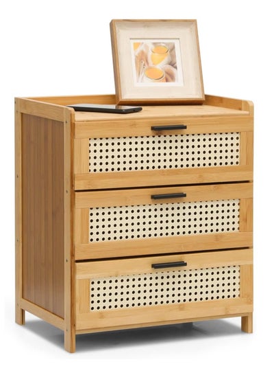 Buy Nightstand with 3 Drawers Rattan Pattern Modern Bamboo Sofa Side Table Bedside Table for Small Space, Accent Side Table Chest of Drawers for Bedroom Living Room Natural (Bamboo) in UAE