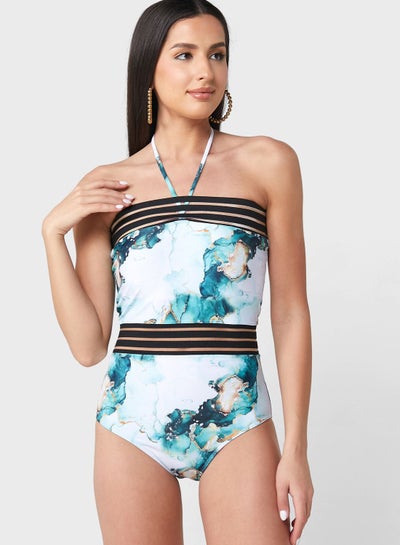 Buy Printed Swimsuit With Mesh Insert Detail in Saudi Arabia