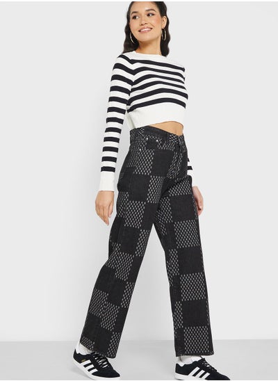 Buy Checker Print Detail Wide Leg Jeans in UAE