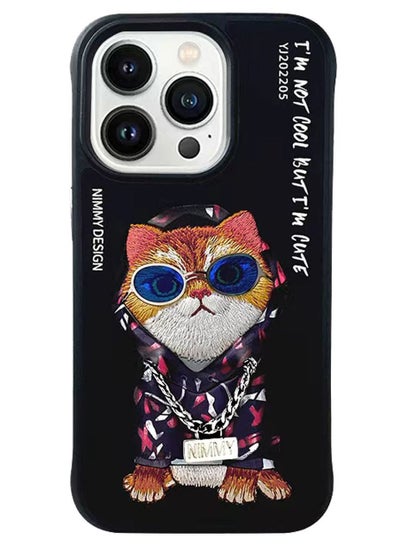 Buy 3D Embroidery Leather Cat Case for Apple iPhone 14 Pro Max Black Cover in Saudi Arabia