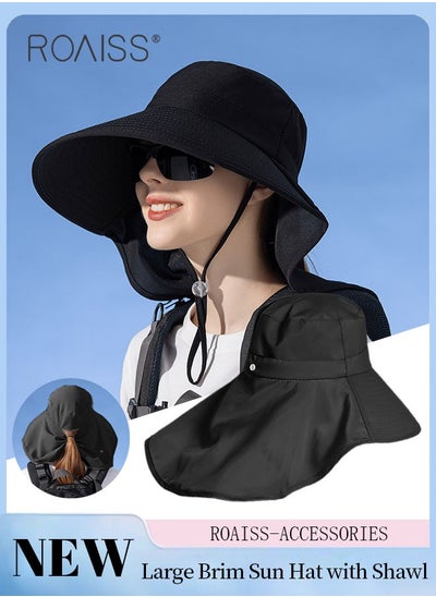 Buy Large Brim Sun Hat with Shawl for Women with Ponytail Hole   Summer Sun Beach UV Protection Breathable Quick-drying Fisherman Cimbing Cap Outdoor Accessory in Saudi Arabia