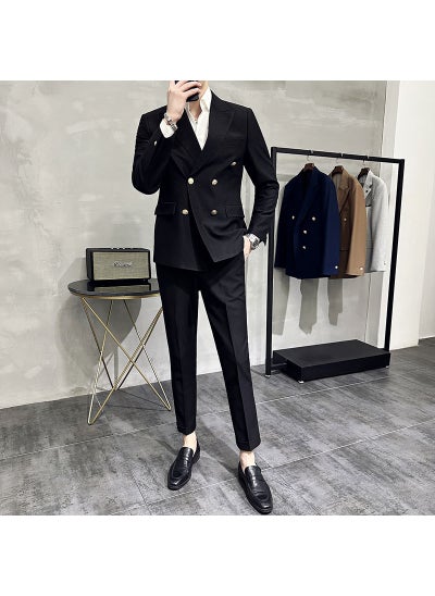 Buy Elegant Double-Breasted Suit Set Mens Casual Business Black in Saudi Arabia