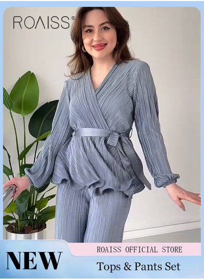 Buy 2Pcs Advanced Solid Color Pleated Suit for Women Ruffled Hem Tie-Waisted Long Sleeve and Drape Fabric Straight Trousers Ladies Elegant Temperament Comfort Skin-Friendly Set Look Slim in Saudi Arabia