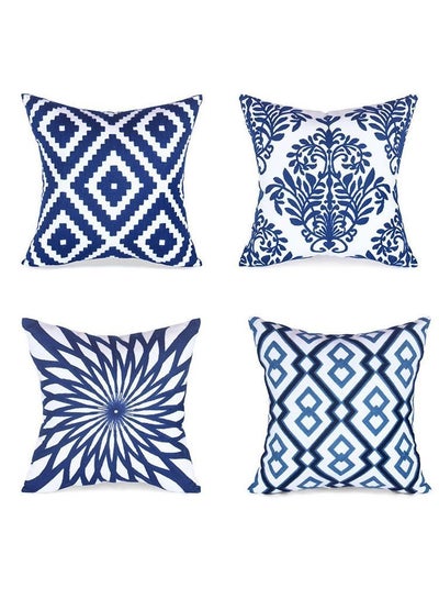 Buy 4-pieceThrow Pillow case Set , with Blue and White Porcelain Embroidery Geometric Design Sofa cover Suitable for Home Office in UAE