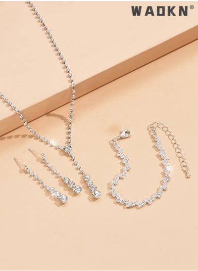 Buy 3 Pcs Jewelry Set With Necklace Bangle and Earrings Full Diamond Necklace Crystal Earrings Wedding Bridal Bridesmaid Costume Jewelry Set for Women and Girls Dress Accessories in UAE