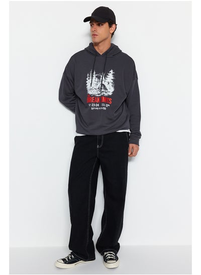 Buy Anthracite Men's Oversized Fit Hoodie Outdoor Printed Sweatshirt. in Egypt