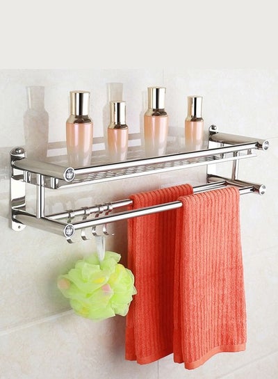 اشتري Bathroom Lavatory Towel Rack 2 Layer With 2 Towel Bars And 4 Hooks Stainless Steel Wall Mount Shelf Shower Caddy في الامارات