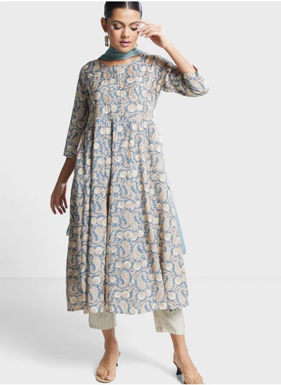 Buy Button Detail Printed Kurti & Pants Set in UAE