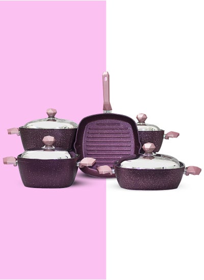 Buy 9-Piece Square Granite Cookware Set Equipped With Modern Handles in UAE