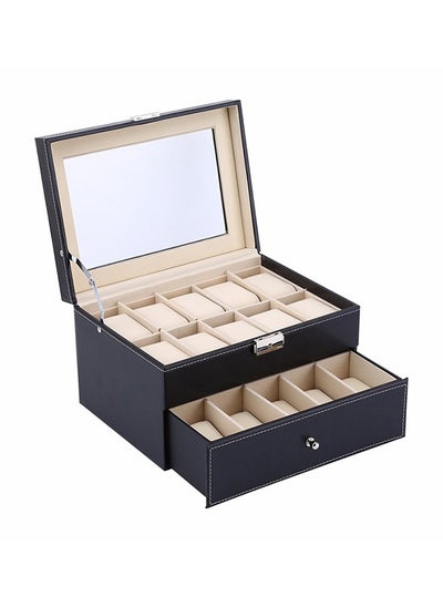 Buy 20 Slot Watch Box With Secure Lock  2 Tier PU Leather Watch Organizer Box With Glass Lid in Saudi Arabia