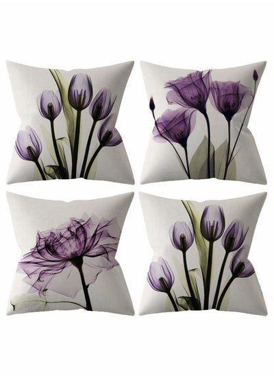 اشتري Throw Pillow Covers Set of 4 Purple Flower Cushion Covers 18x18 inch Boho Linen Square Throw Pillow Cover for Living Room Sofa Couch Bed Pillowcase 45cm x 45cm في السعودية