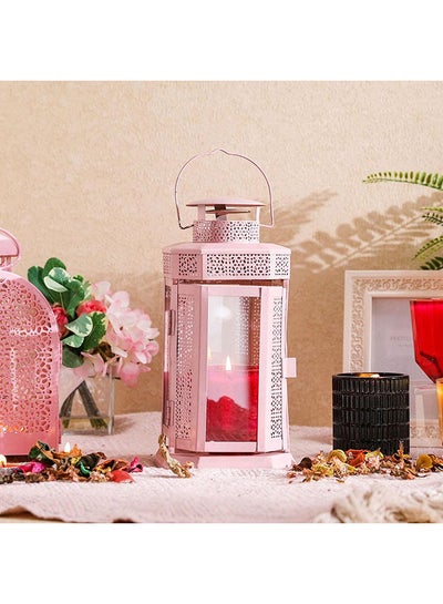 اشتري Sahara Filigree Iron Candle Lantern Decorative Metal Candle Holders For Weddings Home Decor Centerpiece (Candles Not Included) 15x15x28  cm - Pink في الامارات