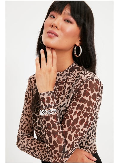 Buy Brown Leopard Print Fitted/Situated Collar Tulle Stretch Knitted Blouse TWOAW20BZ1008 in Egypt