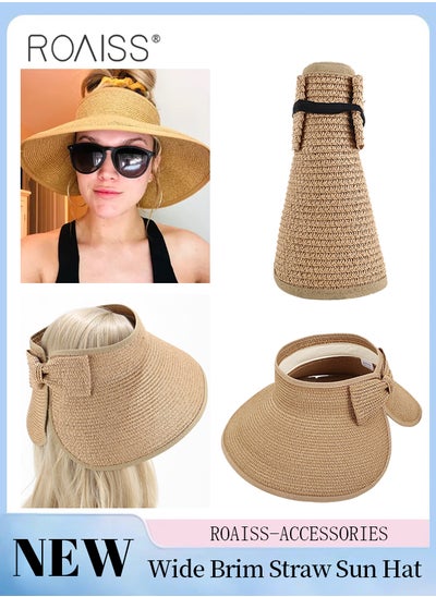 Buy Women's Wide Brim Straw Hat with Bow Decor UV Protection Breathable Foldable Open Top Sun Visor Hat for Beach Vacation Packable Hat Floppy Cap Deep Style Adjustable Size in UAE