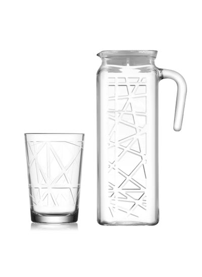 اشتري 7 Pieces Line Beverage Set 1200 Ml Jug And 6 Pieces 205 Ml Tumbler - Clear في الامارات