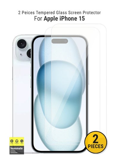 Buy 2 Pieces Tempered Glass Screen Protector For Apple iPhone 15 Clear in Saudi Arabia