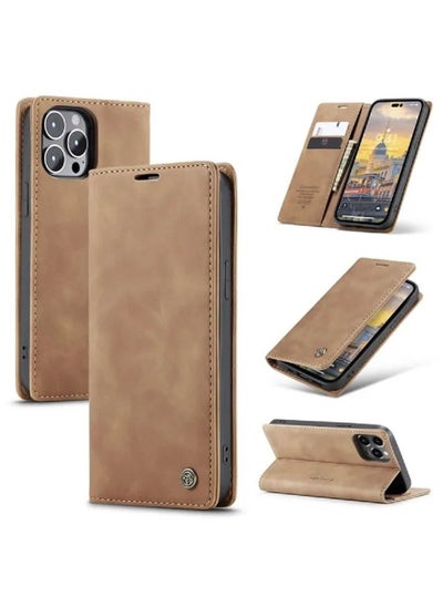 اشتري CaseMe iPhone 14 Pro Max Wallet Case, PU Leather Book Folding Flip Folio Case with Card Holders Kickstand Magnetic Closure Protective Cover (Brown) في الامارات