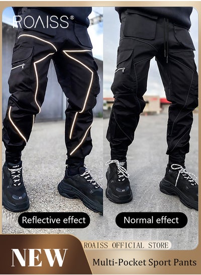 اشتري Fashion Print Men Cargo Trousers  Multiple Pocket Design  Sports Trousers Reflective Tape Design  Velcro Feet Breathable Fabric  Solid Color في الامارات