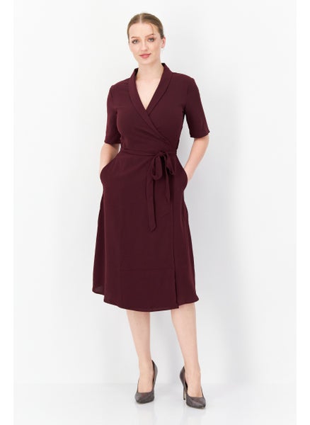 Buy Woman Plain Belted Midi Dress, Maroon in Saudi Arabia