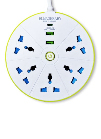 اشتري مشترك كهربائي دائري - 2000 وات، 10 أمبير / 220-240 فولت، مزود بـ 5 مخارج، كابل 1.5 متر، 2 منفذ يو اس بي ومنفذ تايب سي للاب توب، الكمبيوتر الشخصي، الماك بوك، الأجهزة الكهربائية المنزلية والمكتبية وشاحن الجوال في مصر
