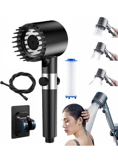 Buy High Pressure Shower Head, Hard Water Softener Filtered Hand Held Showerhead Set, Massage Showerhead Combo 3 Spray Settings, 1.5M/59inches Anti-explosion Hose and Bracket (Midnight Black) in Saudi Arabia