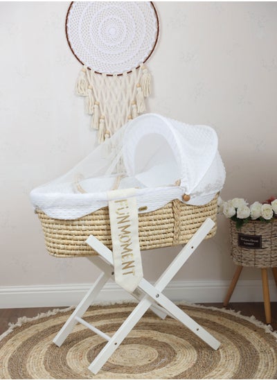 Buy Moses basket cradle with foldable wooden stand white color in Saudi Arabia