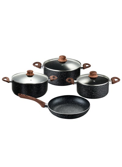 Buy granite cookware set 7 piece  with a thermal glass lid black color in Saudi Arabia