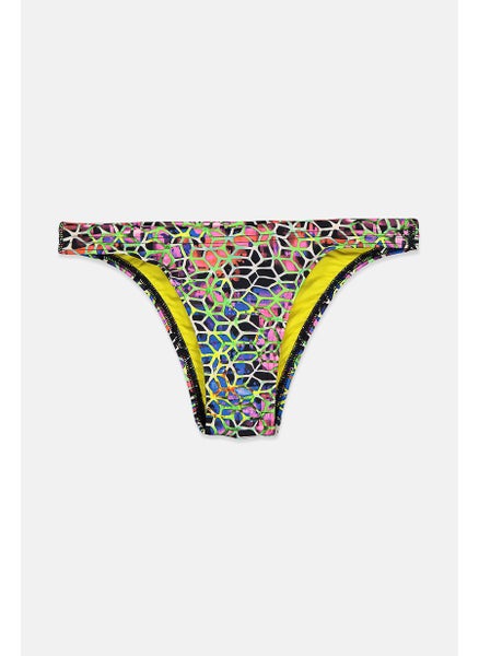 Buy Women Printed Drawstring Bikini Bottoms, Black and White and Neon in Saudi Arabia