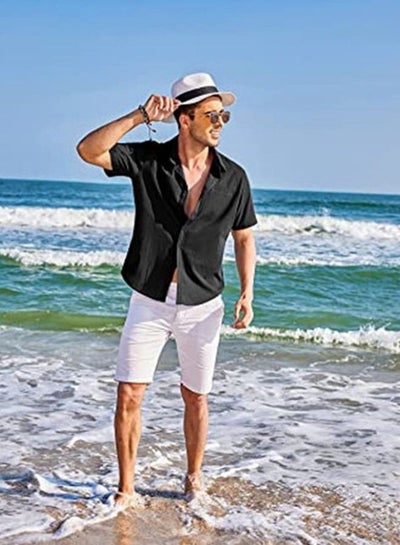 Men's Short Sleeve Henley Shirts Loose Linen Button-Up Tops Casual