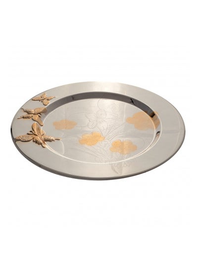 Buy round metal tray silver with gold colour 35 cm in Saudi Arabia