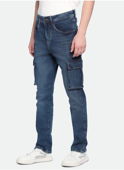 Buy Mid Rise Straight Fit Cargo Solid Jeans in Saudi Arabia