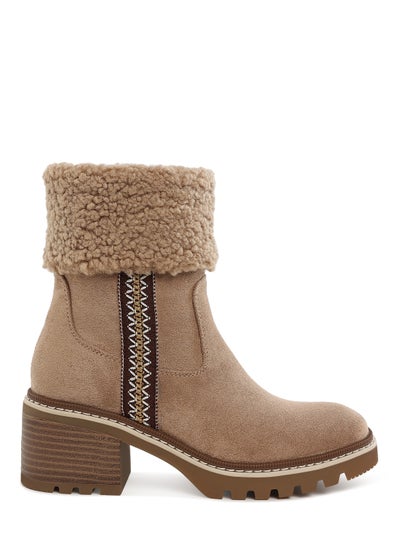 Buy Faux Fur & Embroidery Detail Boots in Beige in UAE