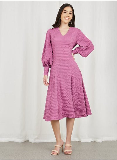 Buy Shirred Textured A-Line Midi Dress in Saudi Arabia