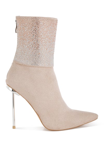 Buy Rhinestones Embellished Fold Over Boots in Beige in UAE