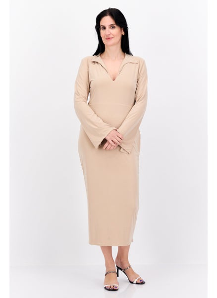 Buy Women Curve Plain Midi Dress, Beige in UAE