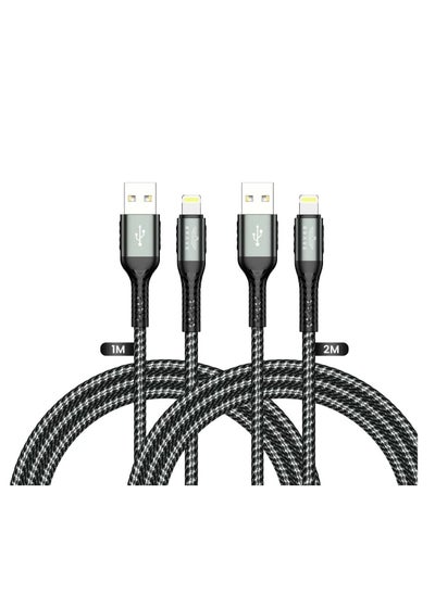 اشتري BRAVE 30w 2 in 1 pack USB to Lightning Nylon Braided Data Cable 3.1A Fast Charging for iPhone 14 Pro Max, iPhone 13 12 11 Pro Max Mini XS Plus 1m & 2m (Black) في الامارات