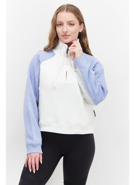 Buy Women Funnel  Neck Colorblock Long Sleeves Sweatshirt, Blue/Grey/White in UAE