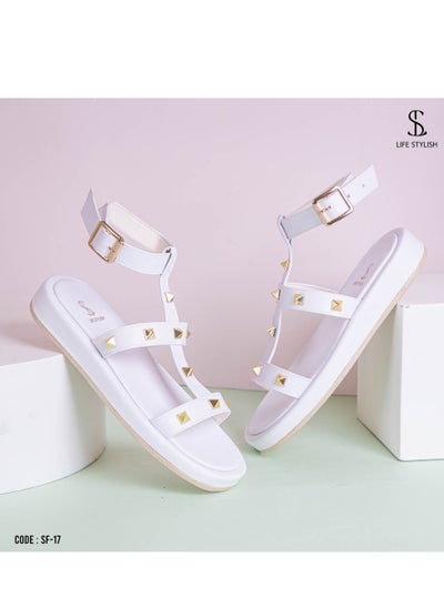 اشتري SF-17 Pyramid Leather Flat Sandal - White في مصر