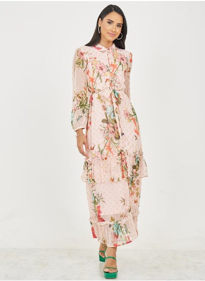 اشتري Floral Print Button Loop Closure Tiered Maxi Dress with Self Tie Up في السعودية