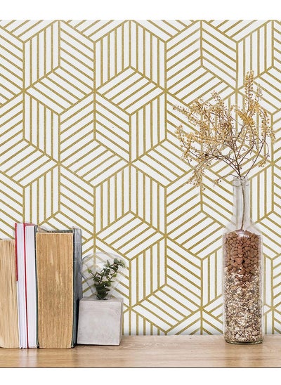 Buy Gold and White Geometric Wallpaper Peel and Stick Wallpaper Boho Hexagon Removable Self Adhesive Wallpaper Gold Stripes Contact Paper Geometric Vinyl Film Decorative Shelf Drawer Waterproof 45cm x 10m in UAE