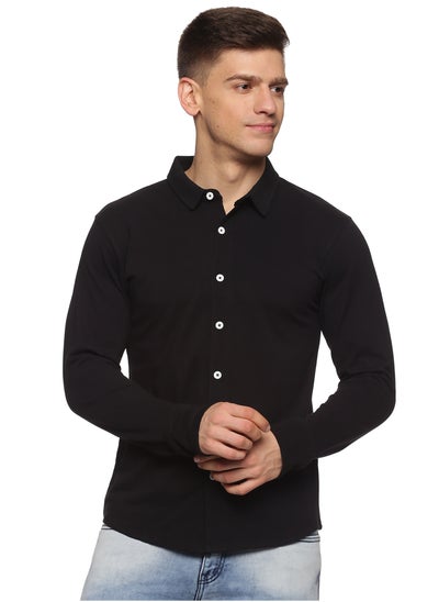 Buy Men's Cotton Solid Knitted Full Sleeves Shirt (Black) in UAE