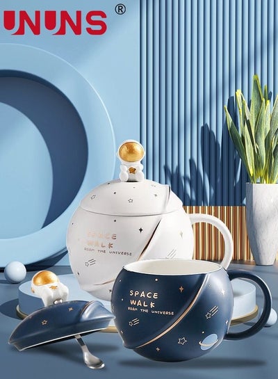 اشتري 2-Piece Ceramic Coffee Mug,400ML Space Embossed Planet Mug With Cover And Spoon For Coffee,Tea,Milk,Aesthetic Room Decor Funny Gift Birthday في السعودية