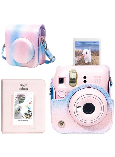 اشتري Case for Fujifilm Instax Mini 12 Camera Protective PU Leather Bag Cover with Adjustable Shoulder Strap and Mini Photo Album 64 Pockets (Bluish pink) في الامارات