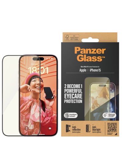 اشتري PanzerGlass™ Advanced Anti-Reflective and Anti-Blue Light Screen Protector for Apple iPhone 15, Protect Your Eyes, Protect Your Phone - Case friendly full screen protector with mounting aid في الامارات