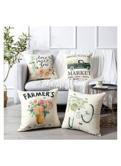 Buy Decorative Throw Pillow Covers Pack of 4 Waterproof Cushion Covers Perfect to Outdoor Patio Garden Living Room Sofa Farmhouse Decor (18x18 Inches) (Tulip Farm Cycling Flowers) in UAE