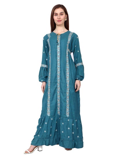 Buy STYLISH ELEGANT EMBROIDERY WORK WITH FRONT NECK TIE LONG ARABIC KAFTAN JALABIYA DRESS in Saudi Arabia