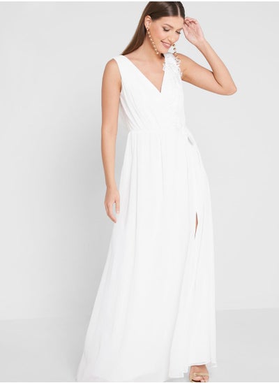 Buy V-Neck Pleated Drape Detail Dress in Saudi Arabia