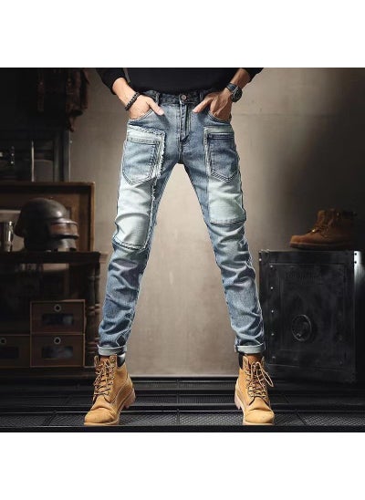 Buy Trendy Patched Skinny Jeans for Men with Pockets Light Blue 6655 Pants in Saudi Arabia