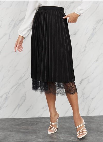 Buy Velvet Pleated Lace Hem Midi Skirt in Saudi Arabia